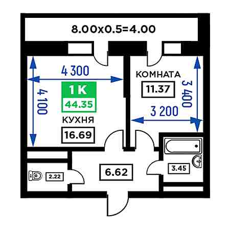 1 комнатная 44.35м²