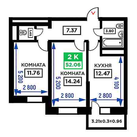 2 комнатная 52.06м²