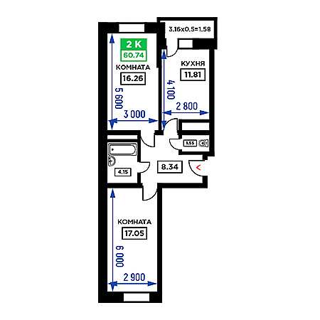 2 комнатная 60.74м²