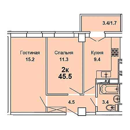 2 комнатная 45.5м²