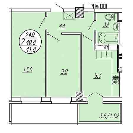 2 комнатная 41.8м²