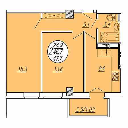 2 комнатная 47.7м²