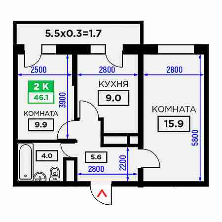 2 комнатная 46.1м²