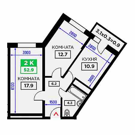 2 комнатная 52.9м²