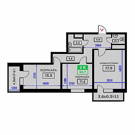 2 комнатная 62.7м²