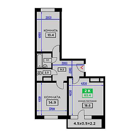 2 комнатная 63.4м²