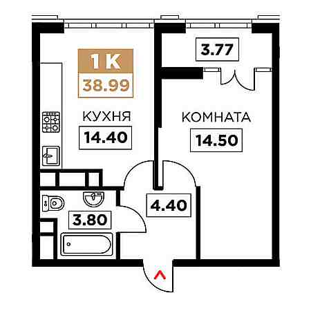 1 комнатная 38.99м²