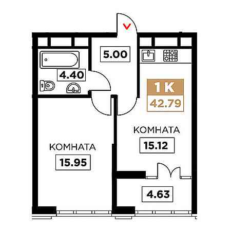 1 комнатная 42.79м²