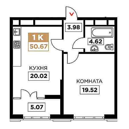 1 комнатная 50.67м²