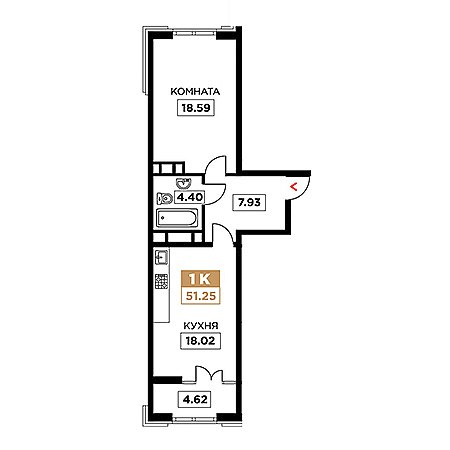 1 комнатная 51.25м²