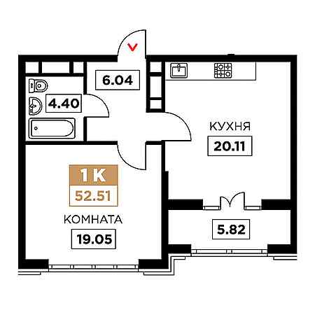 1 комнатная 52.52м²