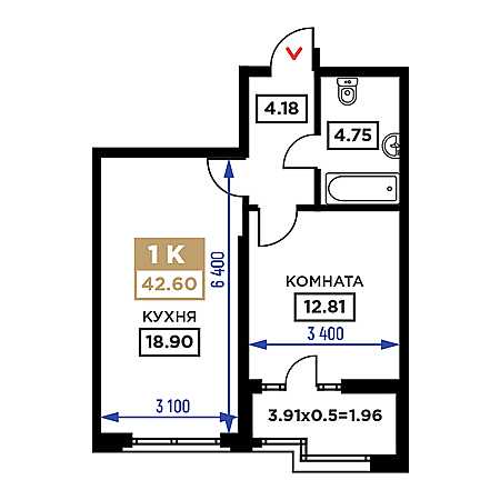 1 комнатная 42.6м²