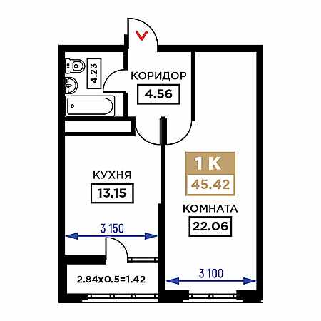 1 комнатная 45.42м²