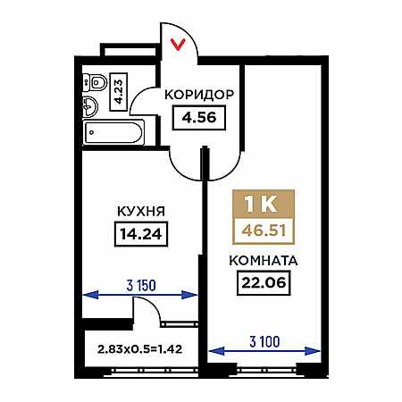 1 комнатная 46.51м²