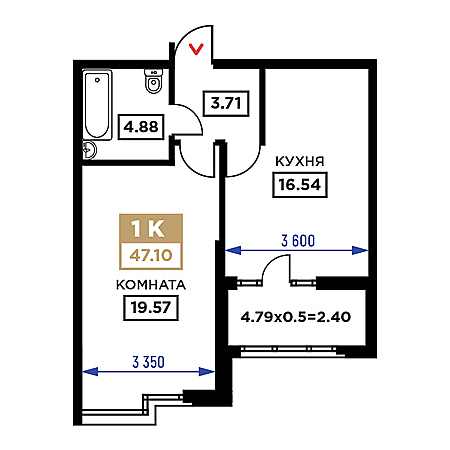 1 комнатная 47.1м²