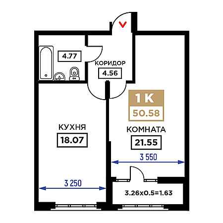 1 комнатная 50.58м²