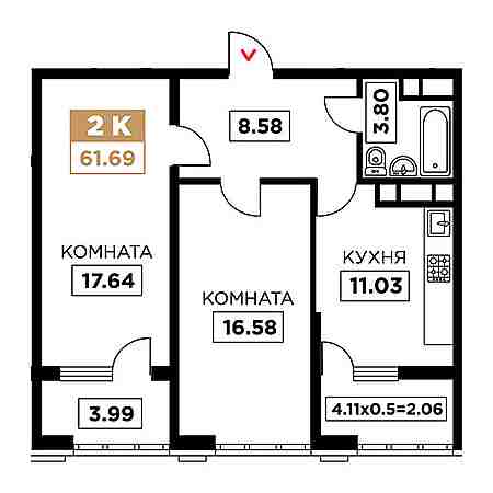 2 комнатная 61.69м²