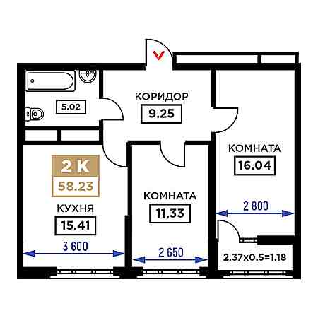 2 комнатная 58.23м²