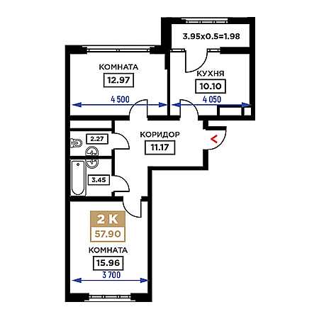 2 комнатная 57.9м²