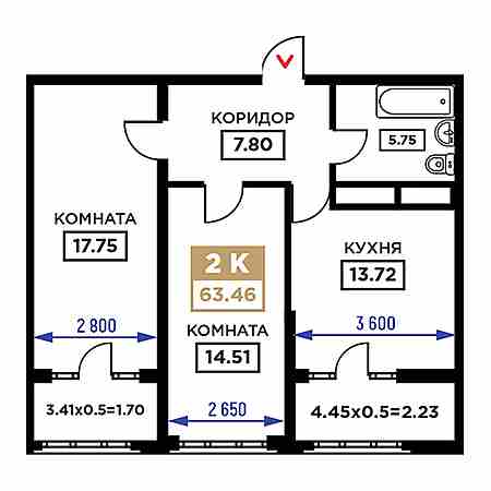 2 комнатная 63.46м²