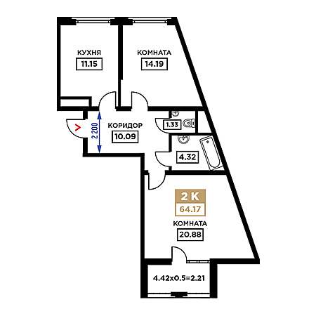 2 комнатная 64.17м²