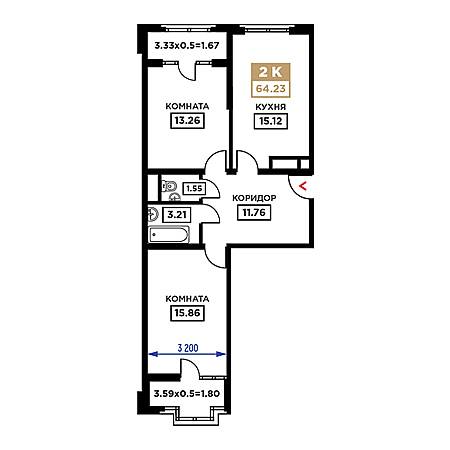 2 комнатная 64.23м²