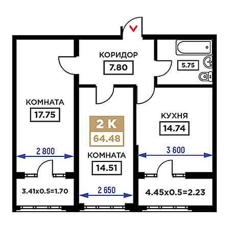 2 комнатная 64.48м²