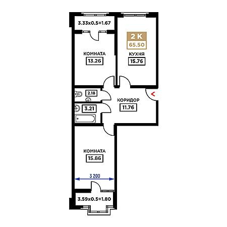 2 комнатная 65.5м²