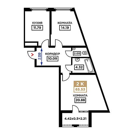 2 комнатная 65.53м²