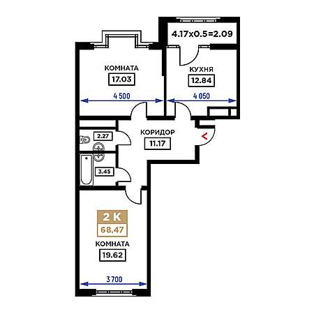 2 комнатная 68.47м²