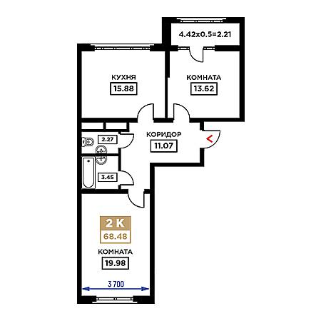 2 комнатная 68.48м²