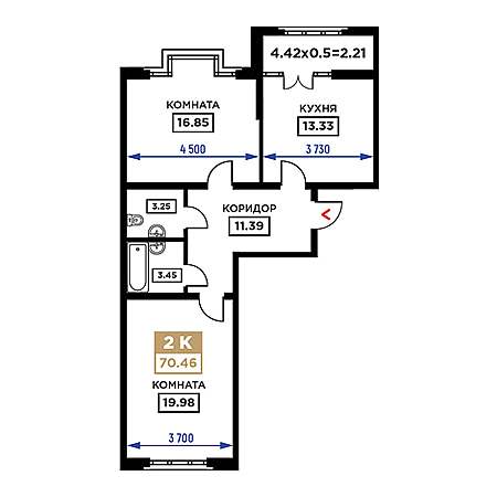 2 комнатная 70.46м²