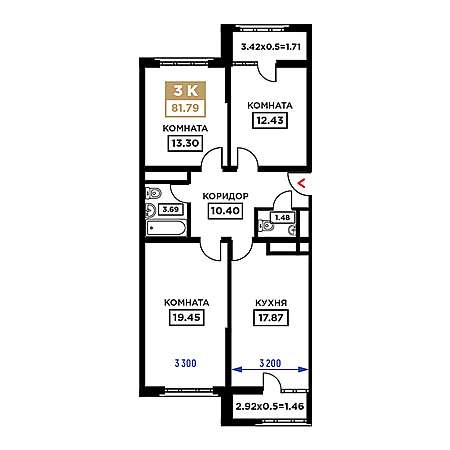 3 комнатная 81.79м²