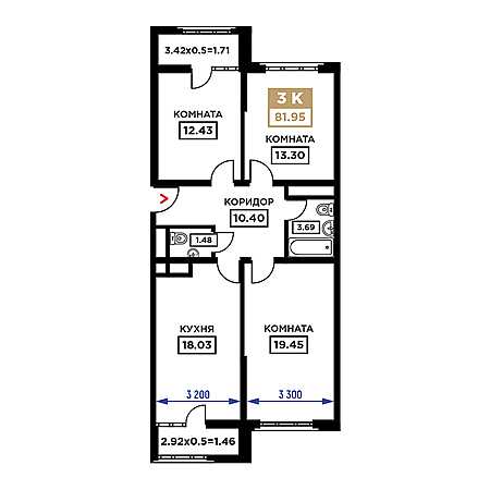 3 комнатная 81.95м²