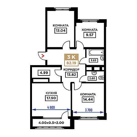 3 комнатная 82.19м²