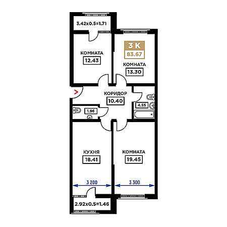 3 комнатная 83.67м²