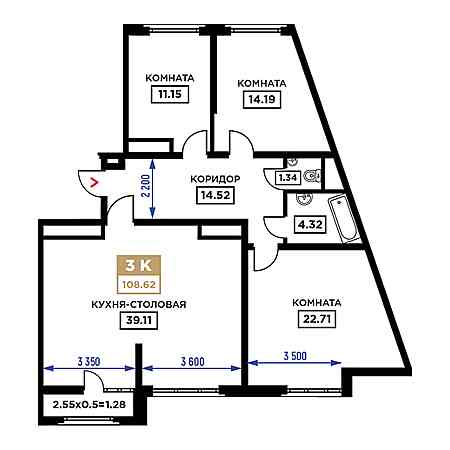 3 комнатная 108.62м²