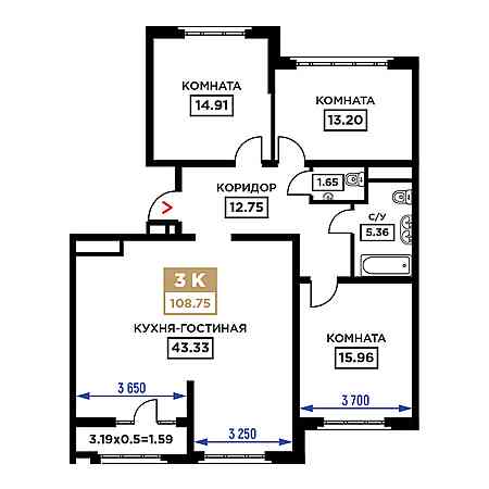 3 комнатная 108.75м²