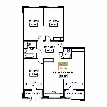 3 комнатная 109.1м²