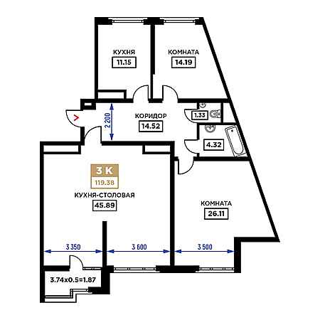 3 комнатная 119.38м²