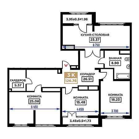 3 комнатная 126.76м²