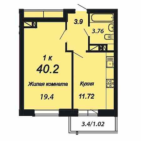 1 комнатная 40.2м²