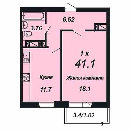 1 комнатная 41.1м²