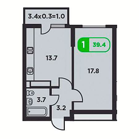 1 комнатная 39.4м²