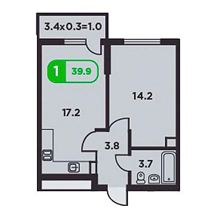 1 комнатная 39.9м²