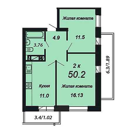 2 комнатная 50.2м²