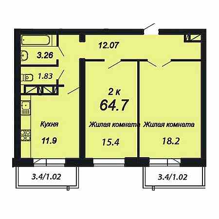 2 комнатная 64.7м²