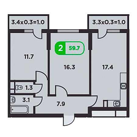 2 комнатная 59.7м²