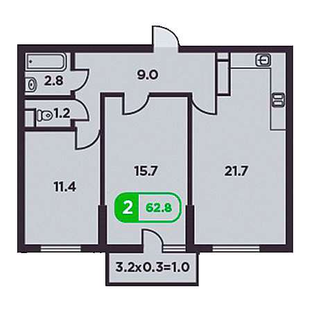 2 комнатная 62.8м²