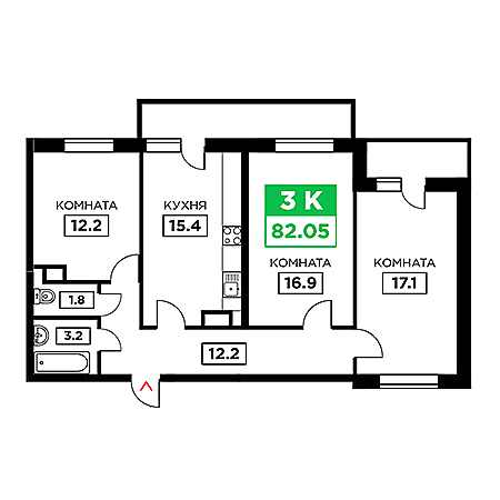 3 комнатная 82.05м²